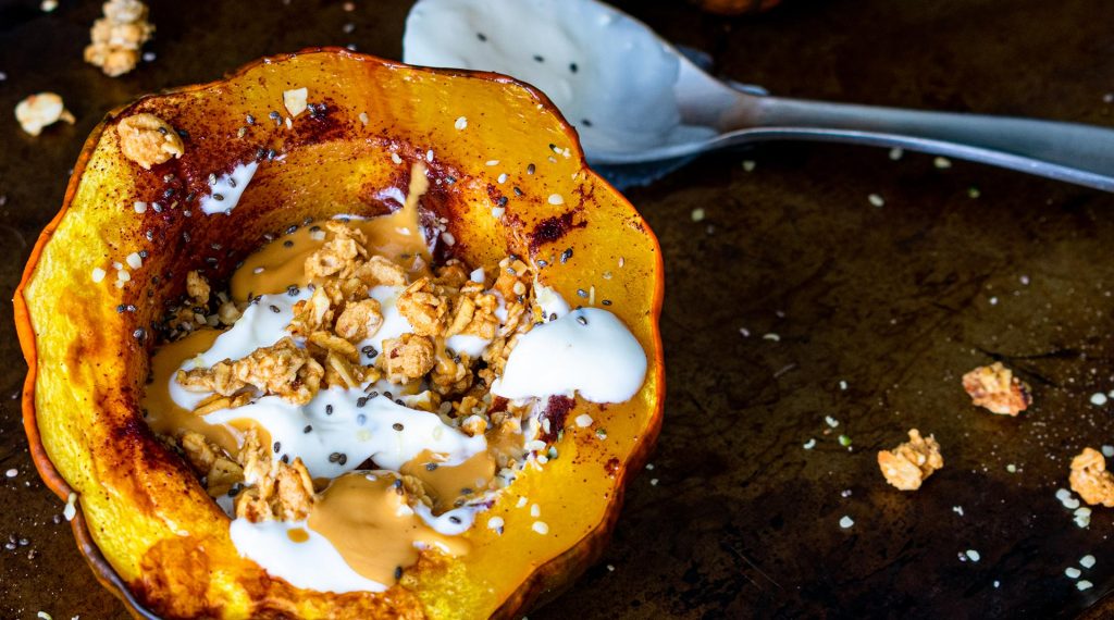 Roasted acorn squash filled with energy mix